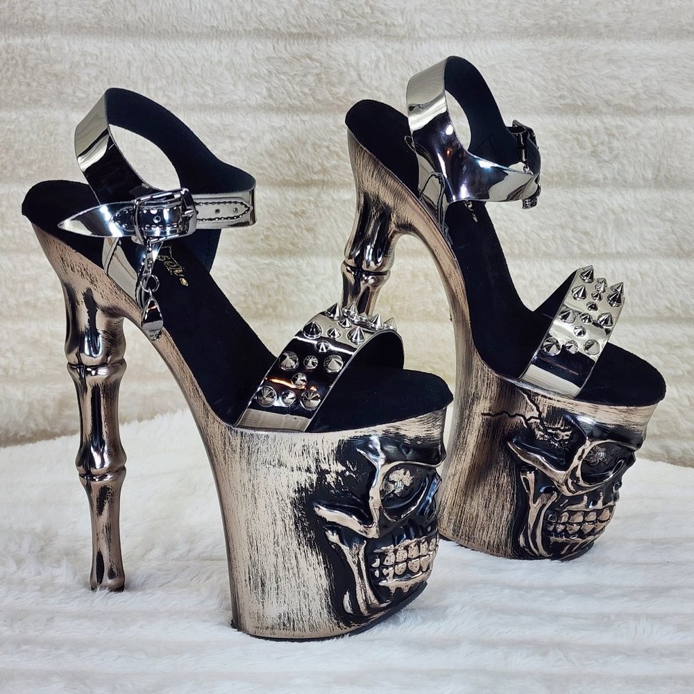 Vortex Pewter Brushed Chrome Skull & Bones Red LED Platform 8" High Heels Shoes - Picture 4 of 15